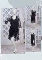 3 Pcs Luxurious Silk & Net Black Lace Women's Sleepwear Set Top Short & Gown Nightwear (Free Size)