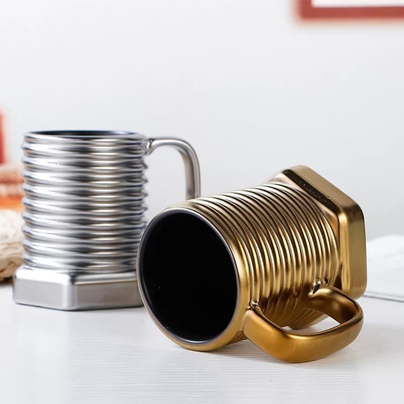 Screw Shape Ceramic Coffee Mug: Unique 3D Porcelain Tea Cup with Sculptural Twist Design.