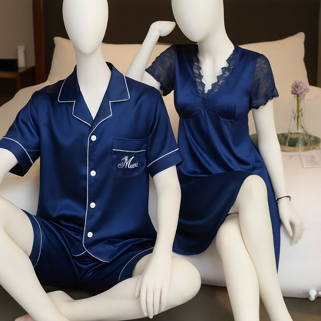 Couple Night Suit / Sleepwear Set – Stylish Nightdress & Pajama Shorts | SKU DC-C003 (3 Pcs)