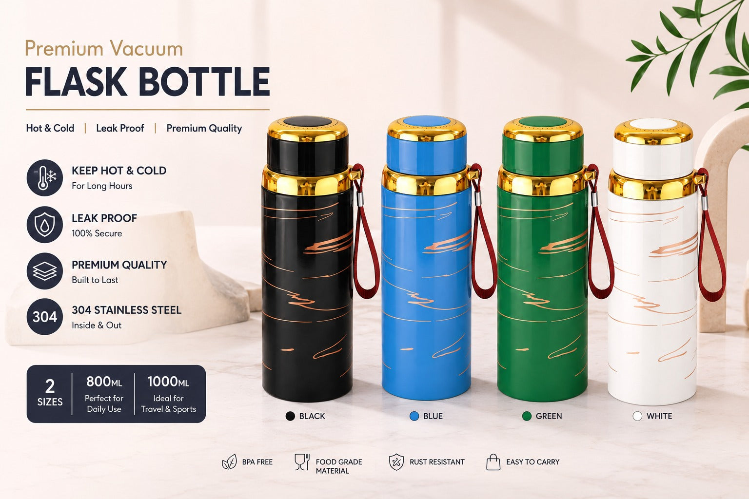 Premium Marble Print Stainless Steel Water Bottle - Elegant Vacuum Insulated Flask - Random Color