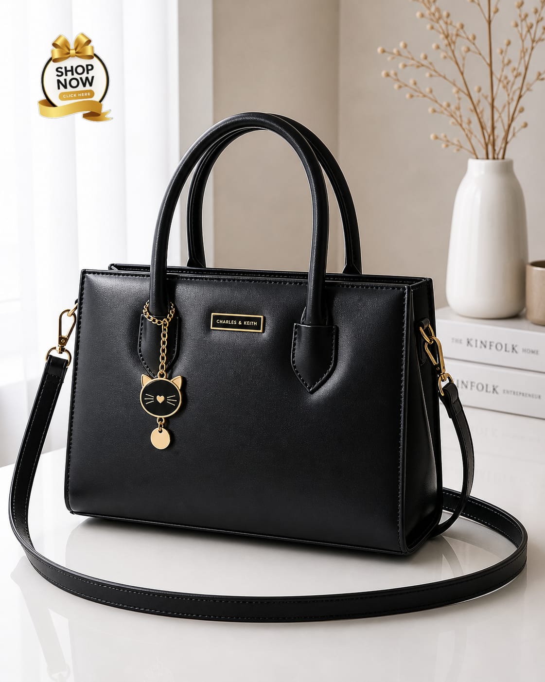 Charles And Keith 2 Zipper Bag Leatherette Handbag With Small Cat Charm And Detachable Shoulder Strap