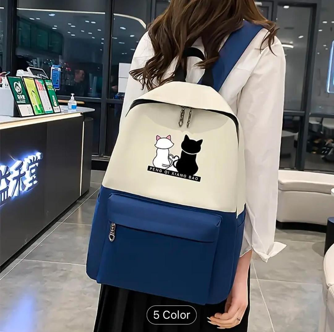 Cute Cat Print 5-in-1 School Bag Set for Girls – Backpack, Handbag, Crossbody Pouch, Pencil Case & Lunch Bag Stylish Combo