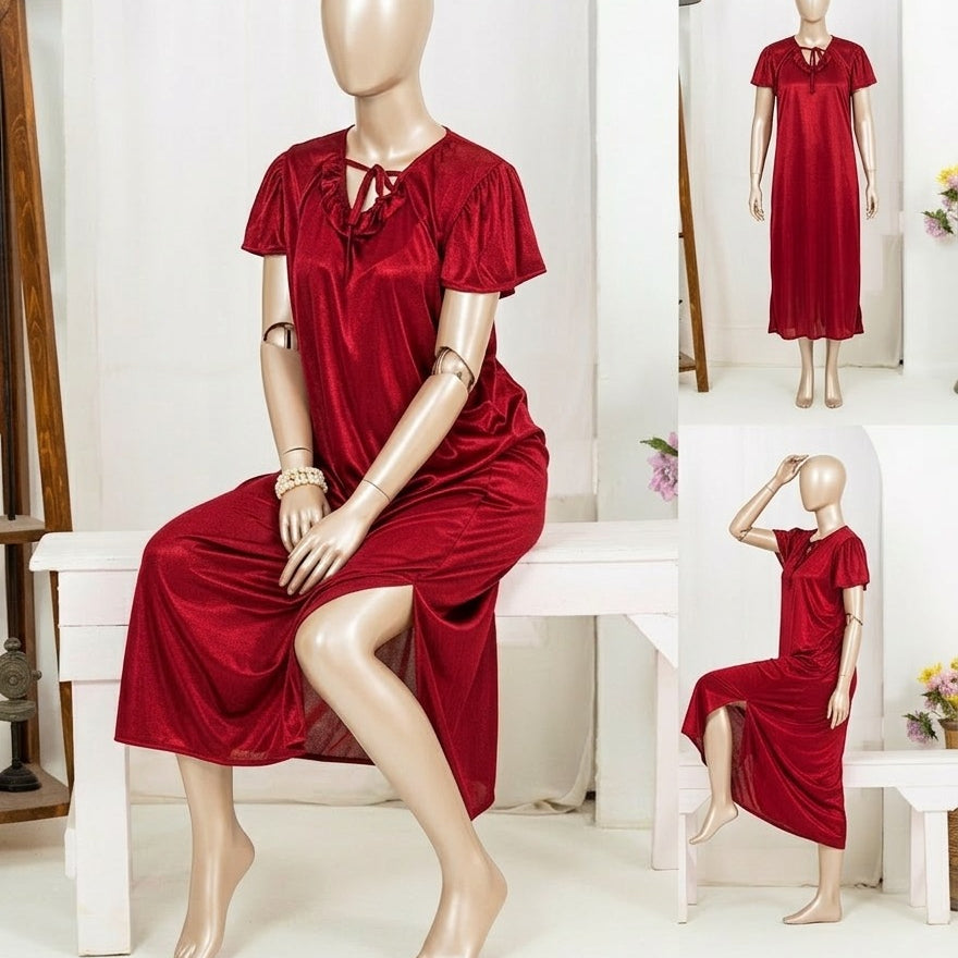 1 Pc Silk Satin Bow Tie Maxi Night Dress – Elegant Short Sleeve Women Nighty Free Size SKU-R130