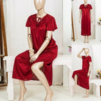 1 Pc Silk Satin Bow Tie Maxi Night Dress – Elegant Short Sleeve Women Nighty Free Size SKU-R130