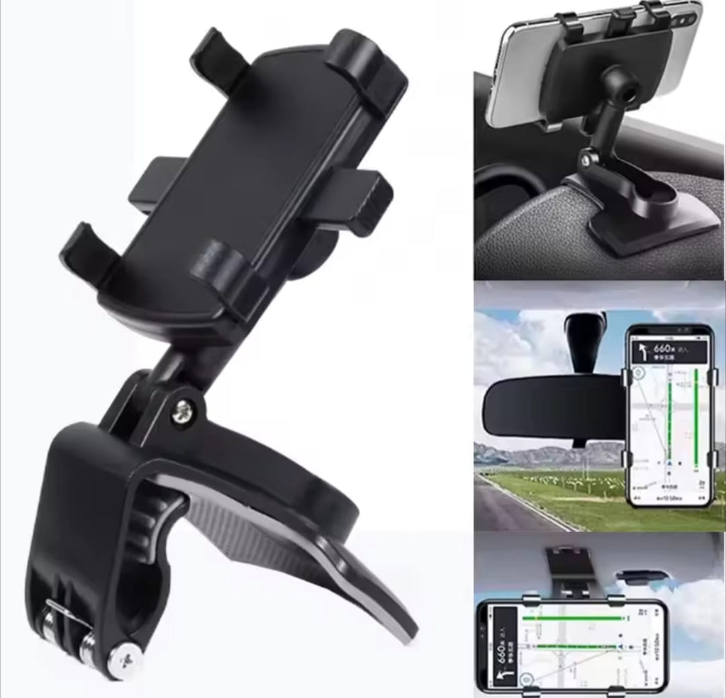 Dashboard Car Phone Holder ABS – 360° Rotatable Mobile Phone Sun Visor & Rear View Mirror Mount Support for Smartphones