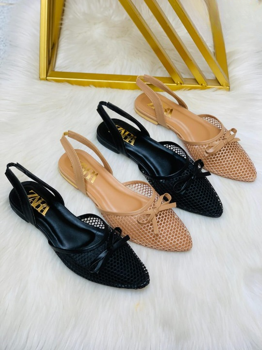 Pointed-Toe Mesh Slingback Flats with Bow