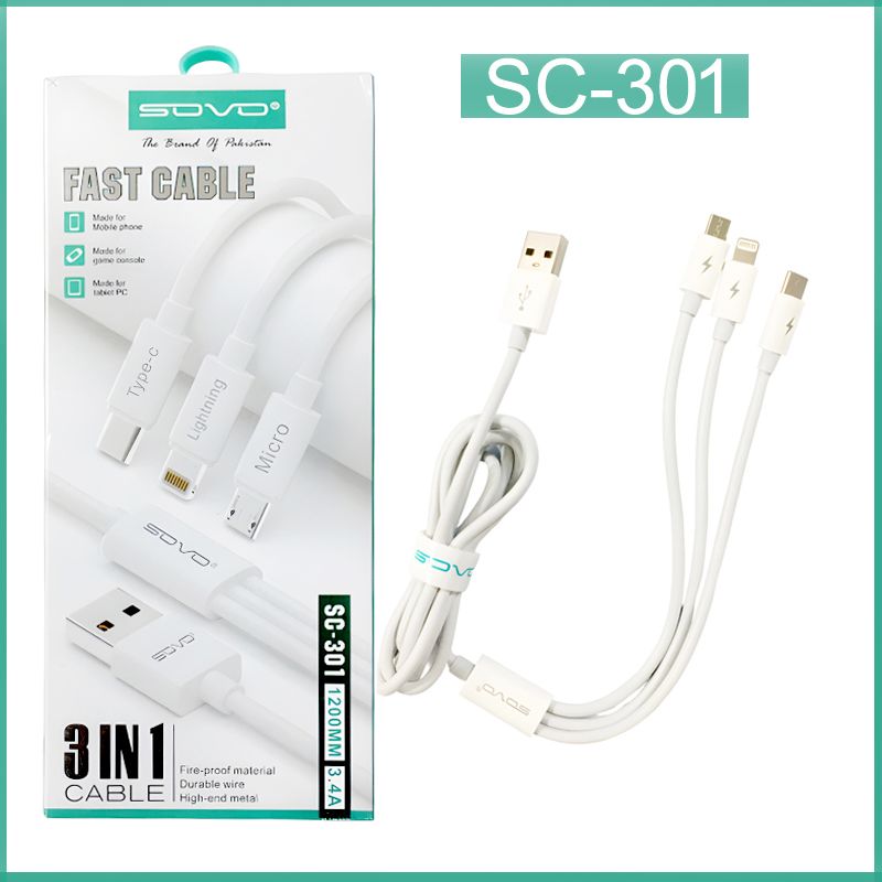 SOVO High Quality 3-in-1 Fast Charging  Cable – Multi Charging Cable for Micro USB, Type-C & Lightning Devices