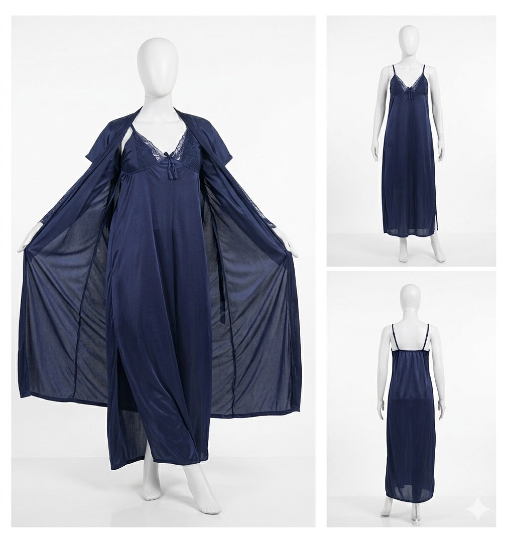2 Pcs Premium Silk Lace Women's Sleepwear Set Inner & Gown Nightwear (Size Free)