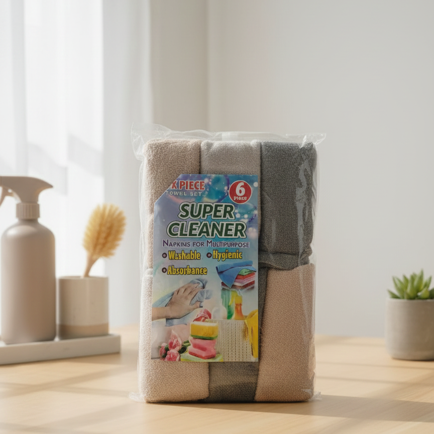 Super Cleaner 6-Piece Multipurpose Microfiber Towel Set – Washable & Ultra-Absorbent