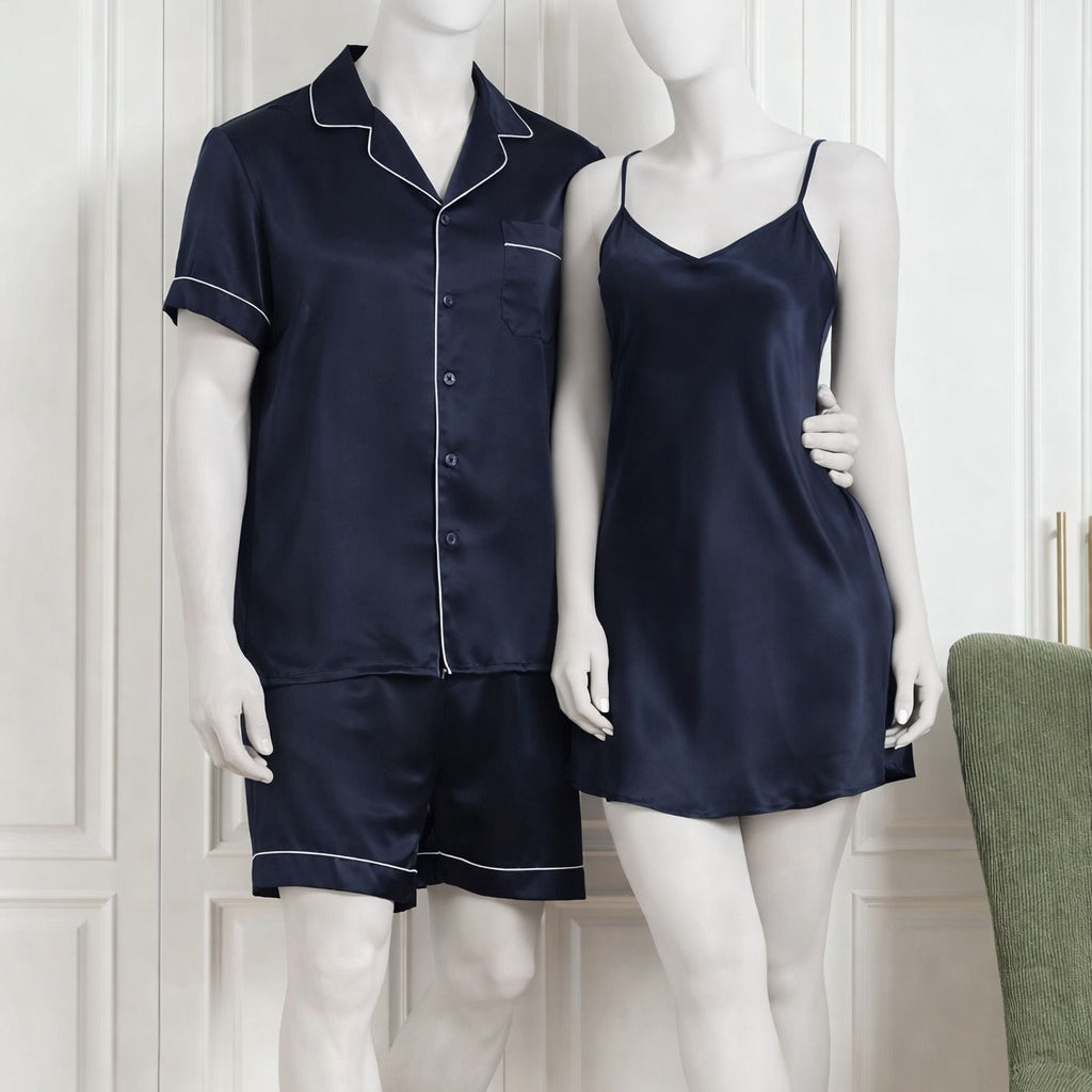 Couple Silk Night Suit / Sleepwear Set – Shirt & Shorts with Slip Dress | SKU DC-C013 (3 Pcs)