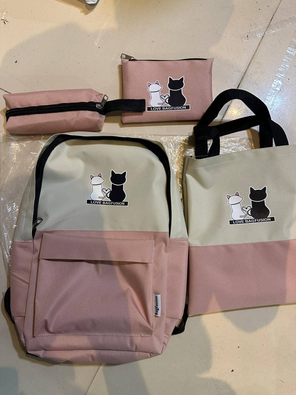 Cute Cat Print 5-in-1 School Bag Set for Girls – Backpack, Handbag, Crossbody Pouch, Pencil Case & Lunch Bag Stylish Combo