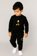 Black Mickey Mouse Printed Kids Tracksuit | Winter Fleece Sweatshirt & Trouser Set for Boys & Girls – Warm & Stylish Outfit  FOR BABY AND KIDS