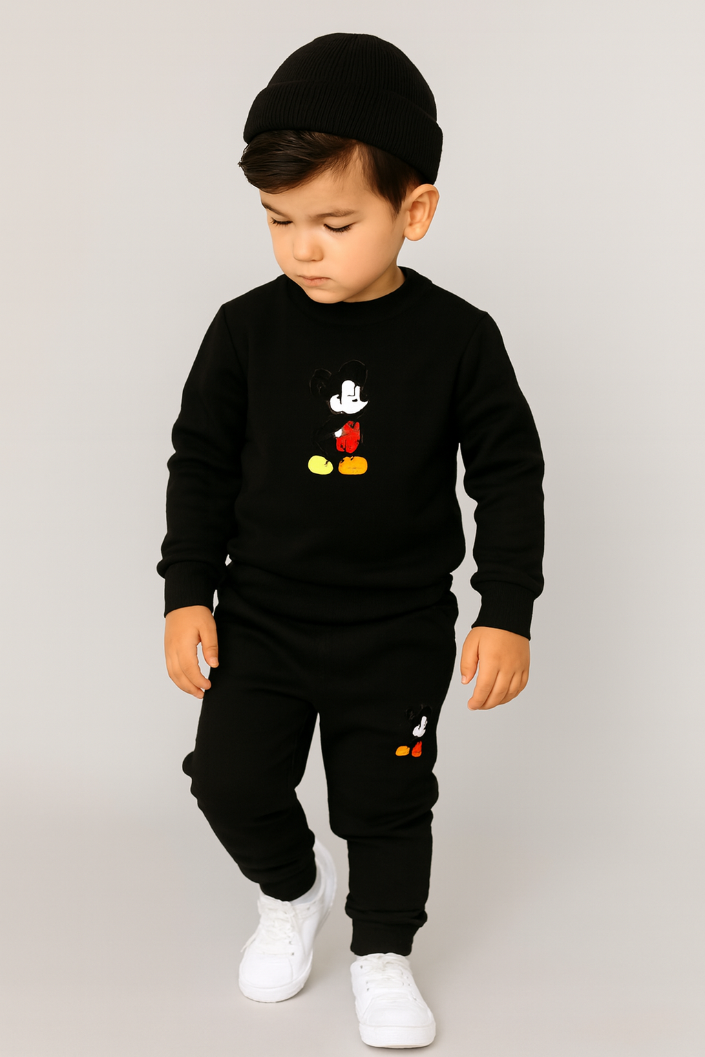Black Mickey Mouse Printed Kids Tracksuit | Winter Fleece Sweatshirt & Trouser Set for Boys & Girls – Warm & Stylish Outfit  FOR BABY AND KIDS