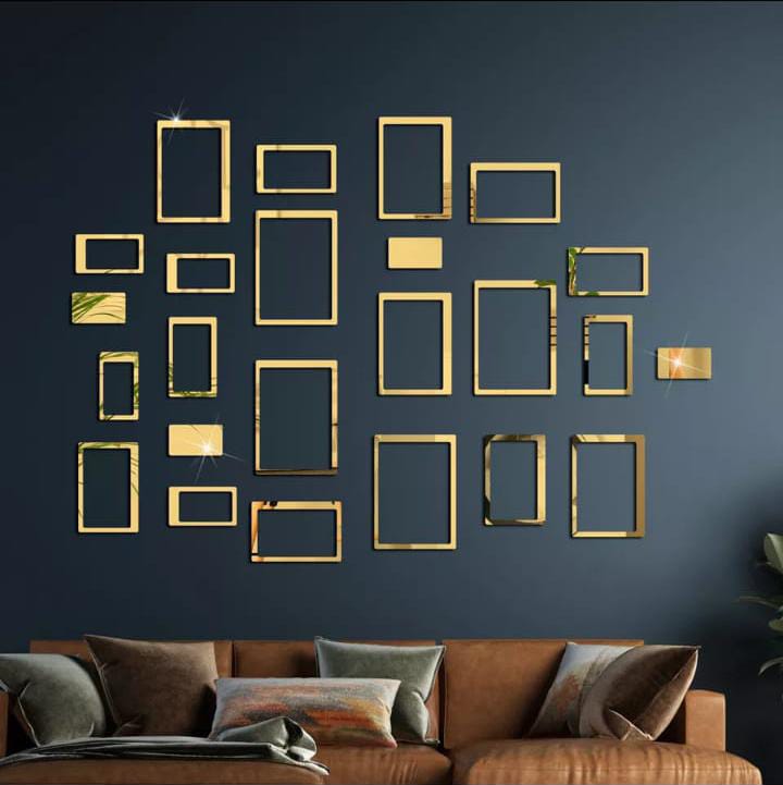 Acrylic Mirror Wall Decorations | Square Shape Elegant Stickers & Decals For Home & Office (8x6 Inches) | 24 Pcs