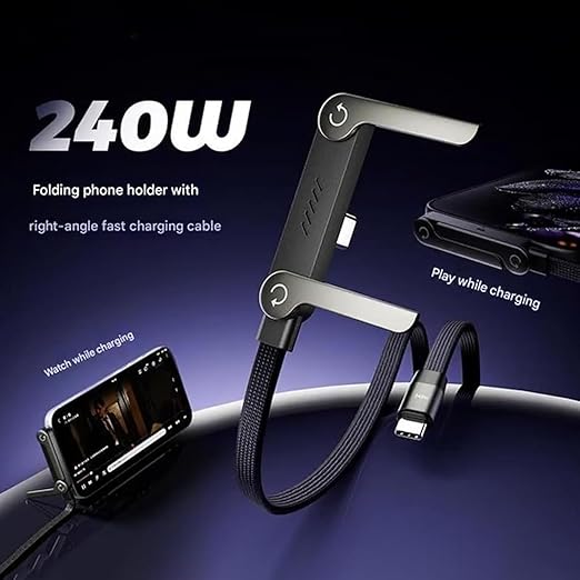 240W Type-C to Type-C Fast Charging Cable with Adjustable Stand – 1.5M PD 3.1 90° Elbow Gaming Cable