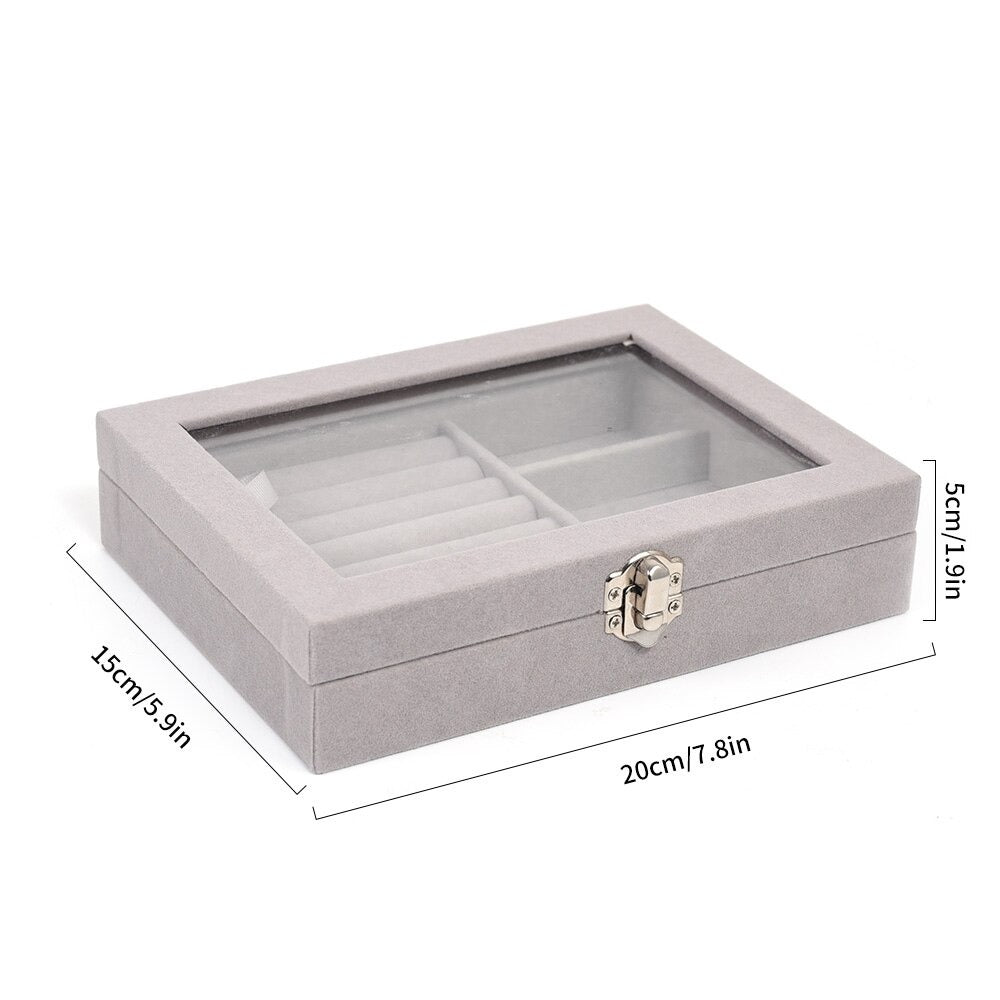 Mistico Velvet Carrying Case with Glass Cover Jewelry Ring Display Box Tray Holder Storage Box Organizer Earrings Bracelet Showcase