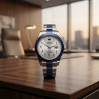 Premium Luxury Arabic Dial Watch | Elegant Stainless‑Steel Strap With Blue Accents & Date Display
