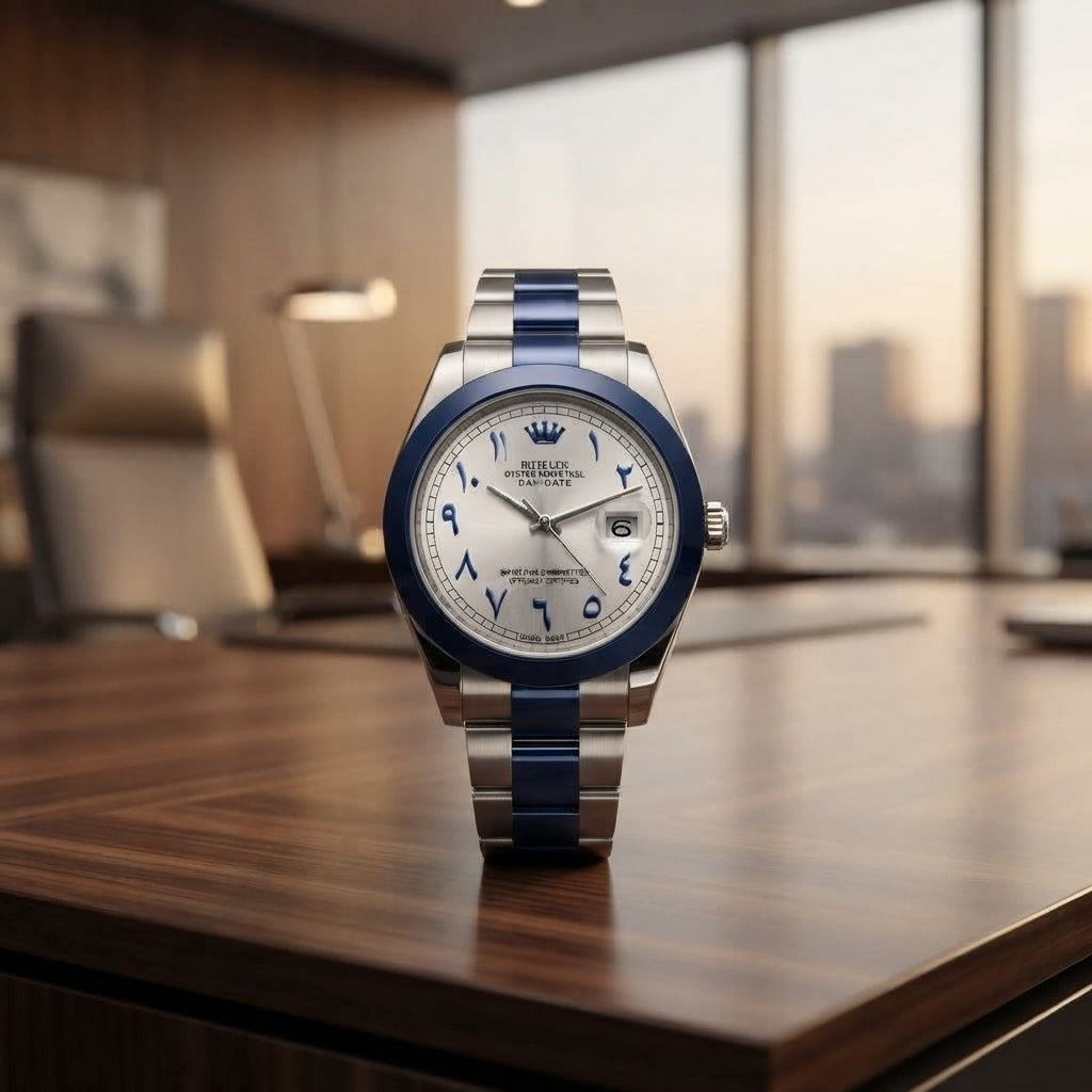 Premium Luxury Arabic Dial Watch | Elegant Stainless‑Steel Strap With Blue Accents & Date Display