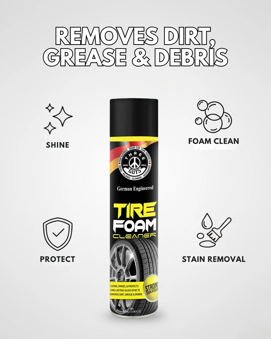 Tire Foam Cleaner – Clean, Shine and Protect | THREE GUYS | German Engineered (650ML)