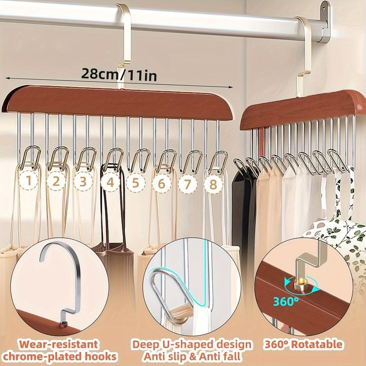 8 Hooks Wooden Clothes Hanger With Tie Rack Belt Hangers with 360°Rotating