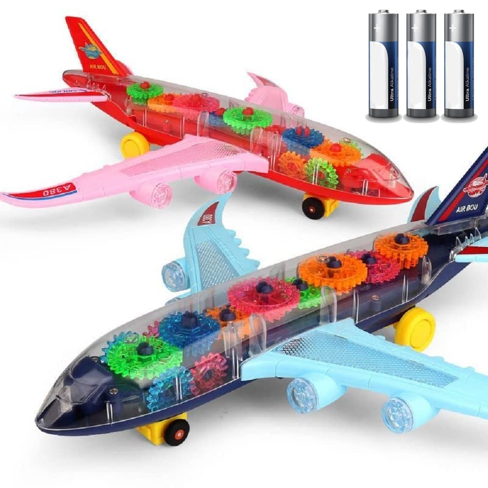 New Trending Transparent Gear Plane Toy – Light Mode, Music, Bump-and-Go Action, 45×46 cm, Battery Operated, for Kids Ages 3 and Up