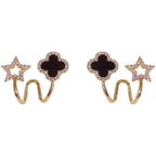 Sparkling Clover Star Earrings – Gold Plated Fashion Jewelry with Black Enamel &amp; Crystal Detailing ( PXJ-107)