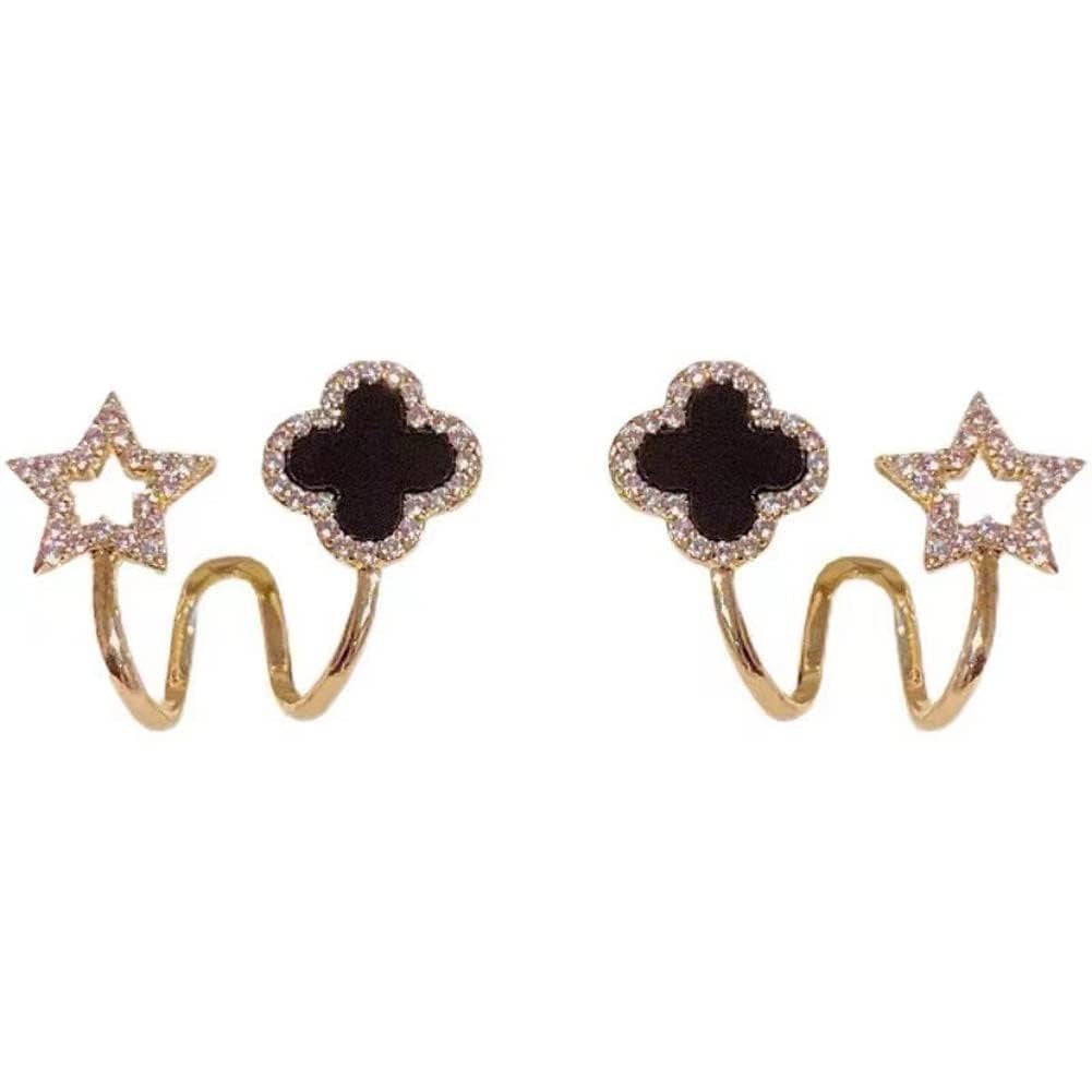 Sparkling Clover Star Earrings – Gold Plated Fashion Jewelry with Black Enamel &amp; Crystal Detailing ( PXJ-107)