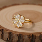 Clover Zircon Rotating Ring – Silver &amp; Golden, Adjustable Spinner Ring for Women (PWJ-111)