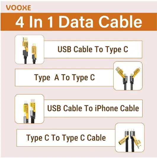 4 in 1 Data Cable Pack of 2 – USB-C &amp; Lightning Connectors, Braided Durable Design, Fast Charging &amp; Data Transfer, Black with Yellow Connectors