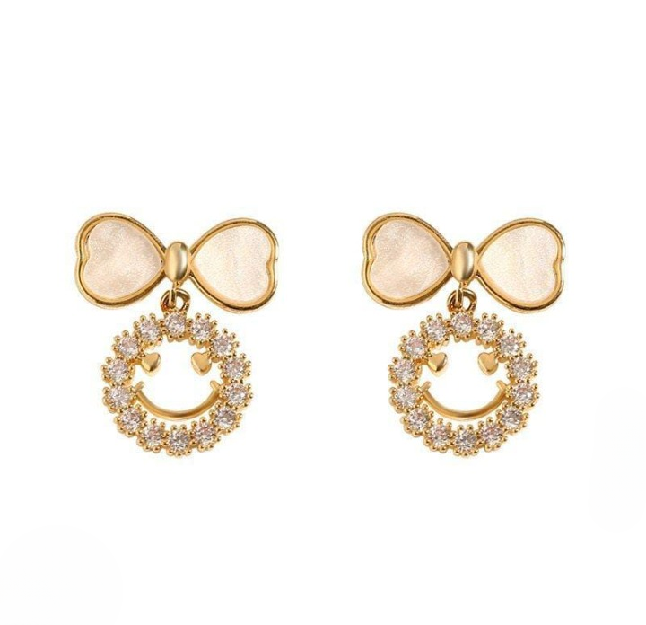 PXT-988 Smiley Face Zircon Korean Earrings – Elegant Bow &amp; Crystal Circle Design - Available In Goden And Silver Color