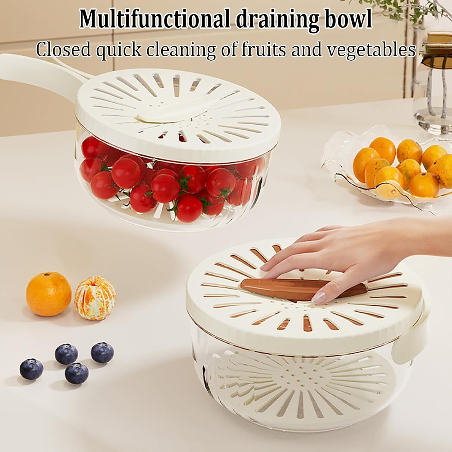 Kitchen Fruit Drainage Basket with Lid – Multi functional Dual-Layer Bowl for Washing, Draining &amp; Storing Fruits and Vegetables, Foldable Handle Design, White