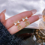 PXT-988 Smiley Face Zircon Korean Earrings – Elegant Bow &amp; Crystal Circle Design - Available In Goden And Silver Color