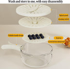 Kitchen Fruit Drainage Basket with Lid – Multi functional Dual-Layer Bowl for Washing, Draining &amp; Storing Fruits and Vegetables, Foldable Handle Design, White