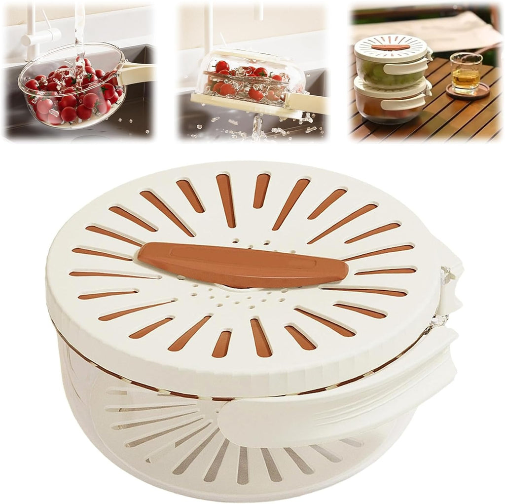 Kitchen Fruit Drainage Basket with Lid – Multi functional Dual-Layer Bowl for Washing, Draining &amp; Storing Fruits and Vegetables, Foldable Handle Design, White
