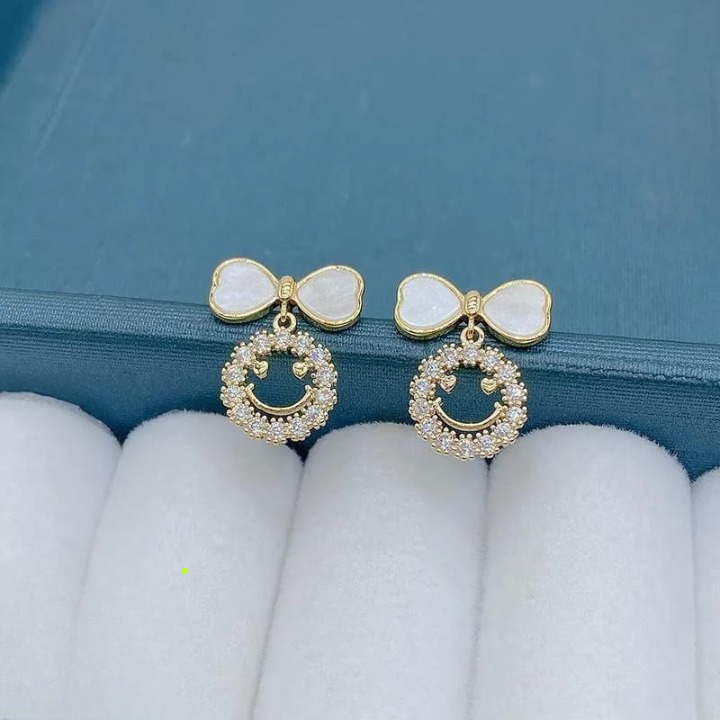 PXT-988 Smiley Face Zircon Korean Earrings – Elegant Bow &amp; Crystal Circle Design - Available In Goden And Silver Color