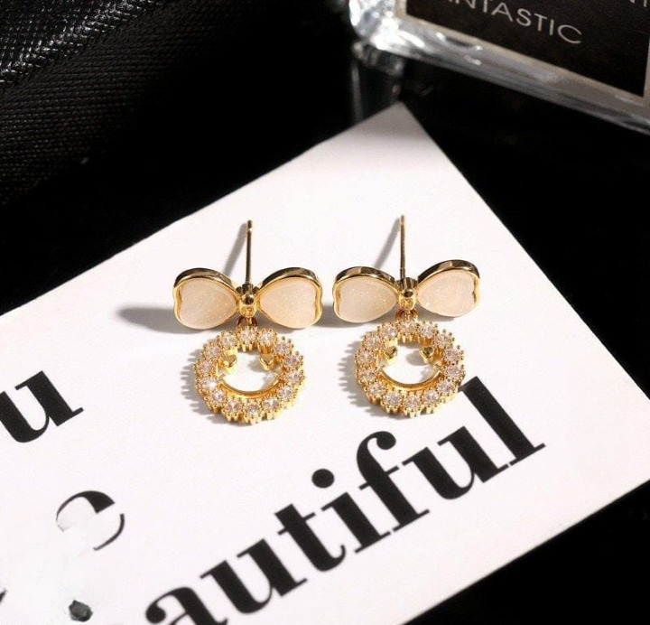 PXT-988 Smiley Face Zircon Korean Earrings – Elegant Bow &amp; Crystal Circle Design - Available In Goden And Silver Color