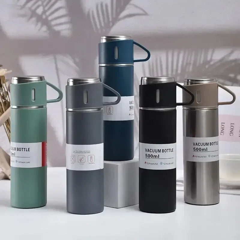 500ml Stainless Steel Vacuum Flask Water Bottle with 2 Extra Cups (160ml) – Thermal Bottle for Hot &amp; Cold Drinks – 3-Piece Travel Thermos Set