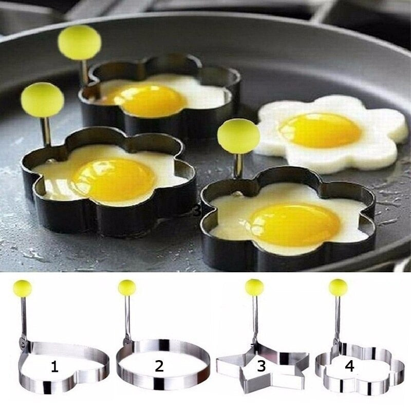 4PCs Stainless Steel Egg Ring Mold Set – Fun Shaped Fried Egg &amp; Pancake Moulds (Star, Heart, Flower, Circle) for Creative Cooking