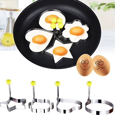 4PCs Stainless Steel Egg Ring Mold Set – Fun Shaped Fried Egg &amp; Pancake Moulds (Star, Heart, Flower, Circle) for Creative Cooking