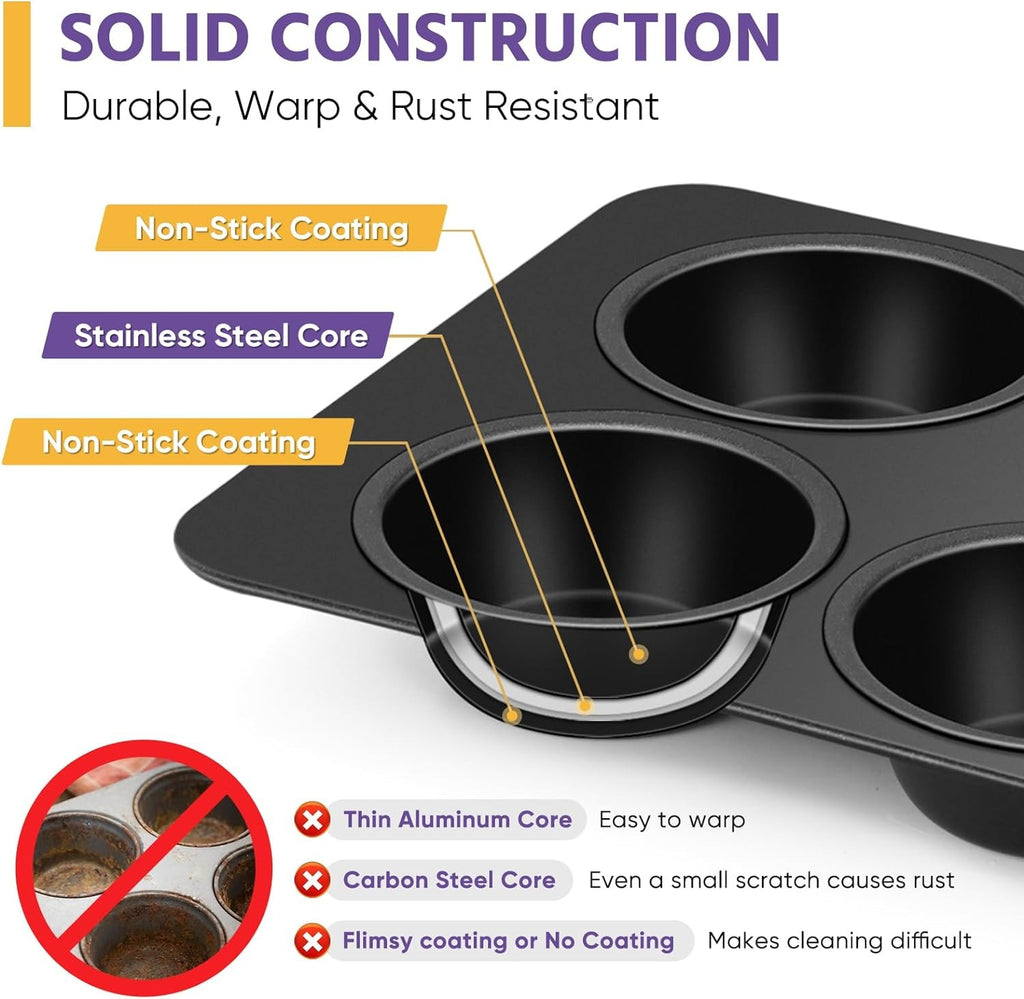 6-Cup Muffin Pan – Non-Stick Carbon Steel Cupcake Baking Tray | Heavy Duty Standard Bakeware for Muffins, Cakes, Mini Pies &amp; More