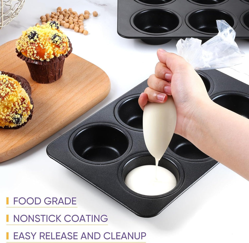 6-Cup Muffin Pan – Non-Stick Carbon Steel Cupcake Baking Tray | Heavy Duty Standard Bakeware for Muffins, Cakes, Mini Pies &amp; More