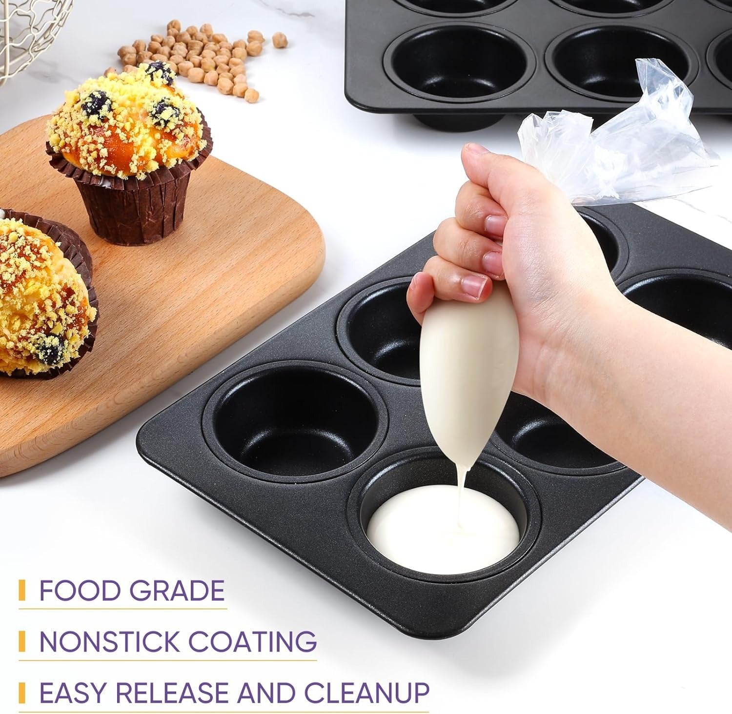 6-Cup Muffin Pan – Non-Stick Carbon Steel Cupcake Baking Tray | Heavy Duty Standard Bakeware for Muffins, Cakes, Mini Pies &amp; More
