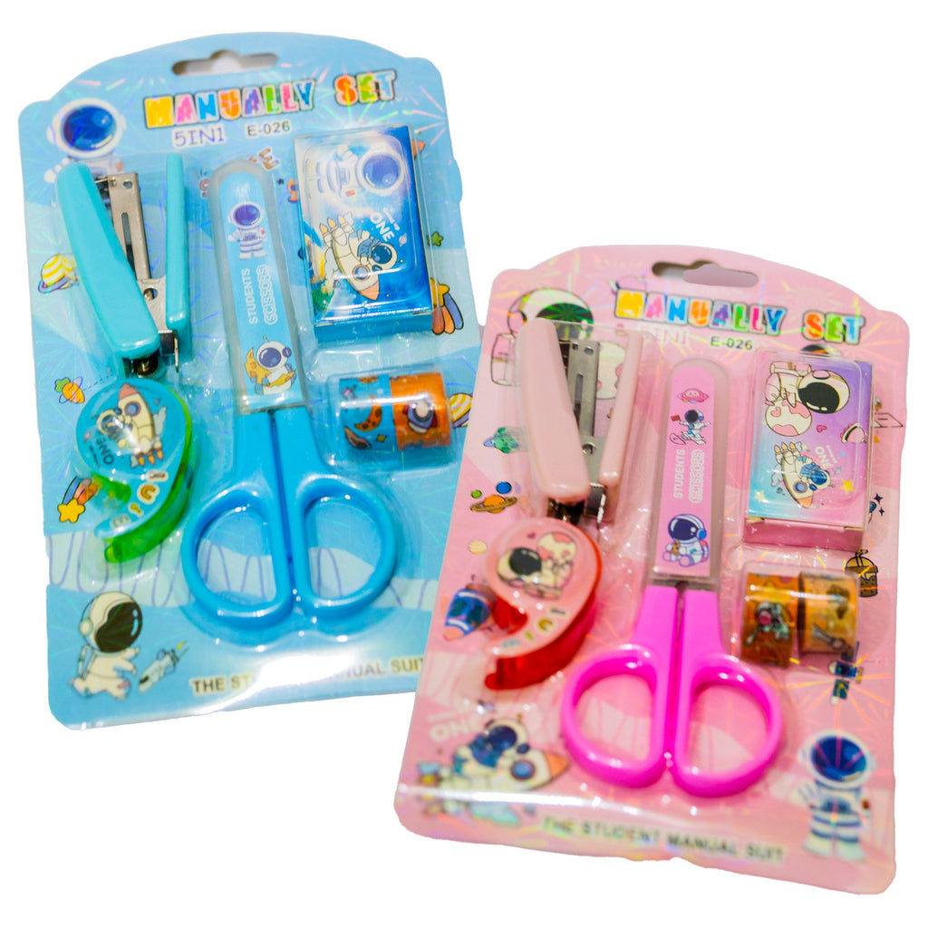 Space-Themed Stationery Set for Students and Office Use – 6-Piece Desk Organizer Kit with Stapler, Staple Pins, Scissors, Mini Washi Tapes, and Tape Dispenser – Creative Back-to-School and Gift Set (Random Color)