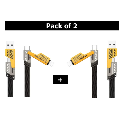 4 in 1 Data Cable Pack of 2 – USB-C &amp; Lightning Connectors, Braided Durable Design, Fast Charging &amp; Data Transfer, Black with Yellow Connectors