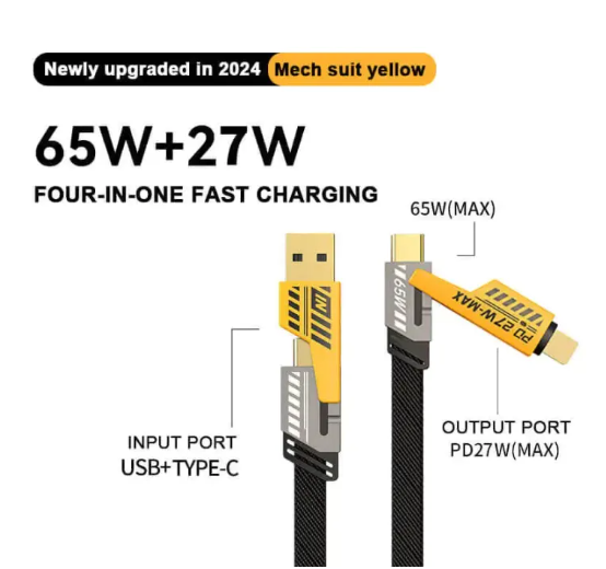 4 in 1 Data Cable – USB-C & Lightning Connectors, Braided Durable Design, Fast Charging &amp; Data Transfer, Black with Yellow Connectors (Without Box)