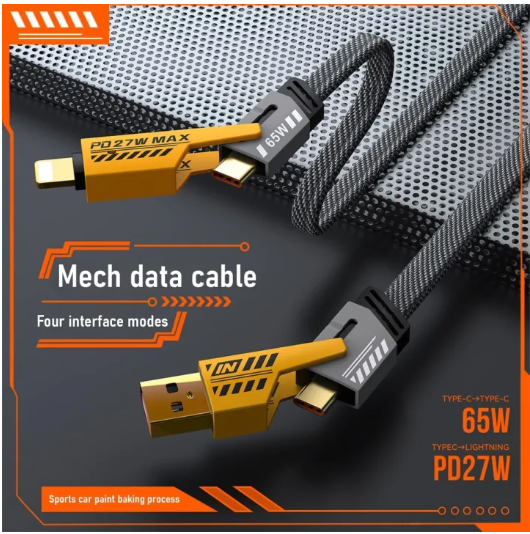 4 in 1 Data Cable – USB-C & Lightning Connectors, Braided Durable Design, Fast Charging &amp; Data Transfer, Black with Yellow Connectors (Without Box)