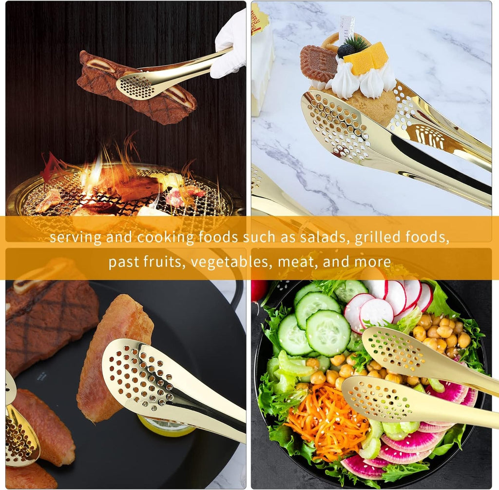 Mini Stainless Steel Food Serving Tong – 6 Inch Strainer Tong with 28-Hole Flat Head for Salad, Ice Cubes, Pastries, Frying &amp; Tea
