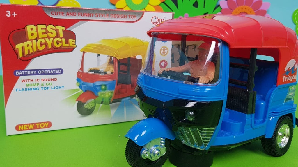 Musical Electric Tricycle Rickshaw Toy for Kids – Battery Operated with Front &amp; Rear Lights, Music, Durable Plastic Build, (Multi-Color)