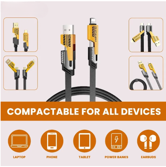 4 in 1 Data Cable Pack of 2 – USB-C &amp; Lightning Connectors, Braided Durable Design, Fast Charging &amp; Data Transfer, Black with Yellow Connectors