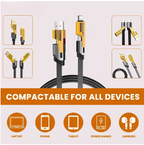 4 in 1 Data Cable Pack of 2 – USB-C &amp; Lightning Connectors, Braided Durable Design, Fast Charging &amp; Data Transfer, Black with Yellow Connectors